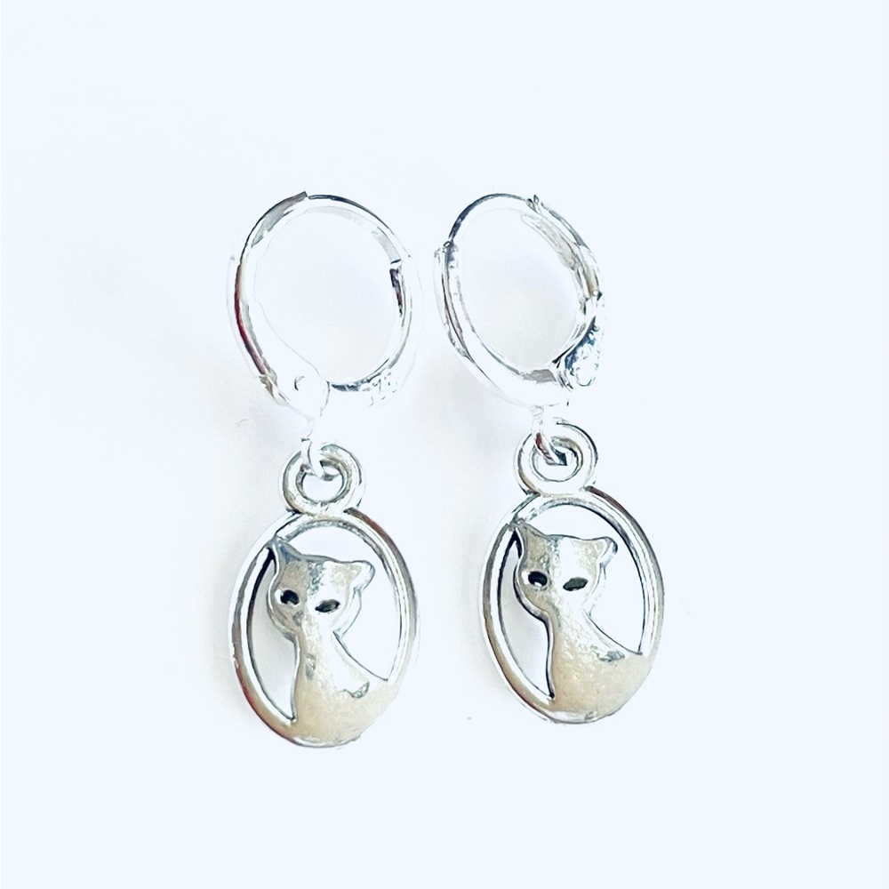 Kitty cat earrings silver 925 Huggies hoops oval dainty minimal 1.25 inch